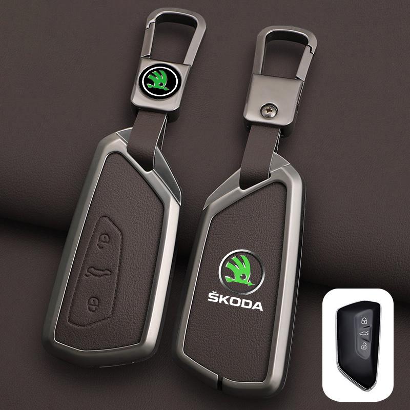 XOWS7 Zinc Alloy Leather Car Remote Key Case Cover Protector Shell Fob For Skoda Superb A7 Kodiaq Octavia A7 A8 Keychain Accessories
