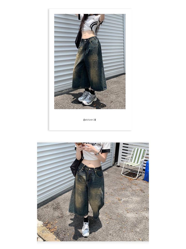 Retro Washed Distressed Wide Leg 7/8 Jeans - Unisex High Street Loose and Straight Mid-Length Shorts for Spring/Summer.