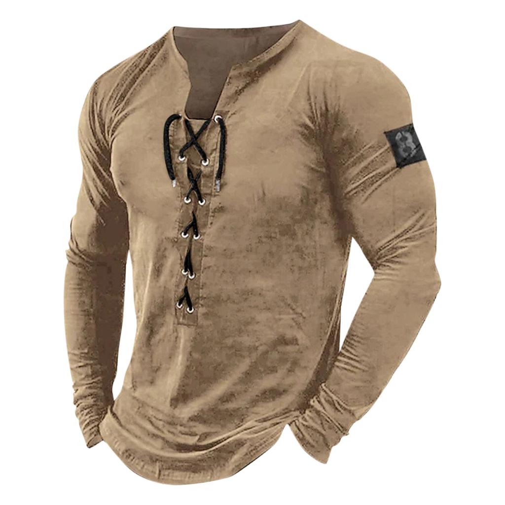 Мужская уличная винтажная футболка с длинными рукавами и капюшоном на шнуровке, осенний однотонный повседневный топ