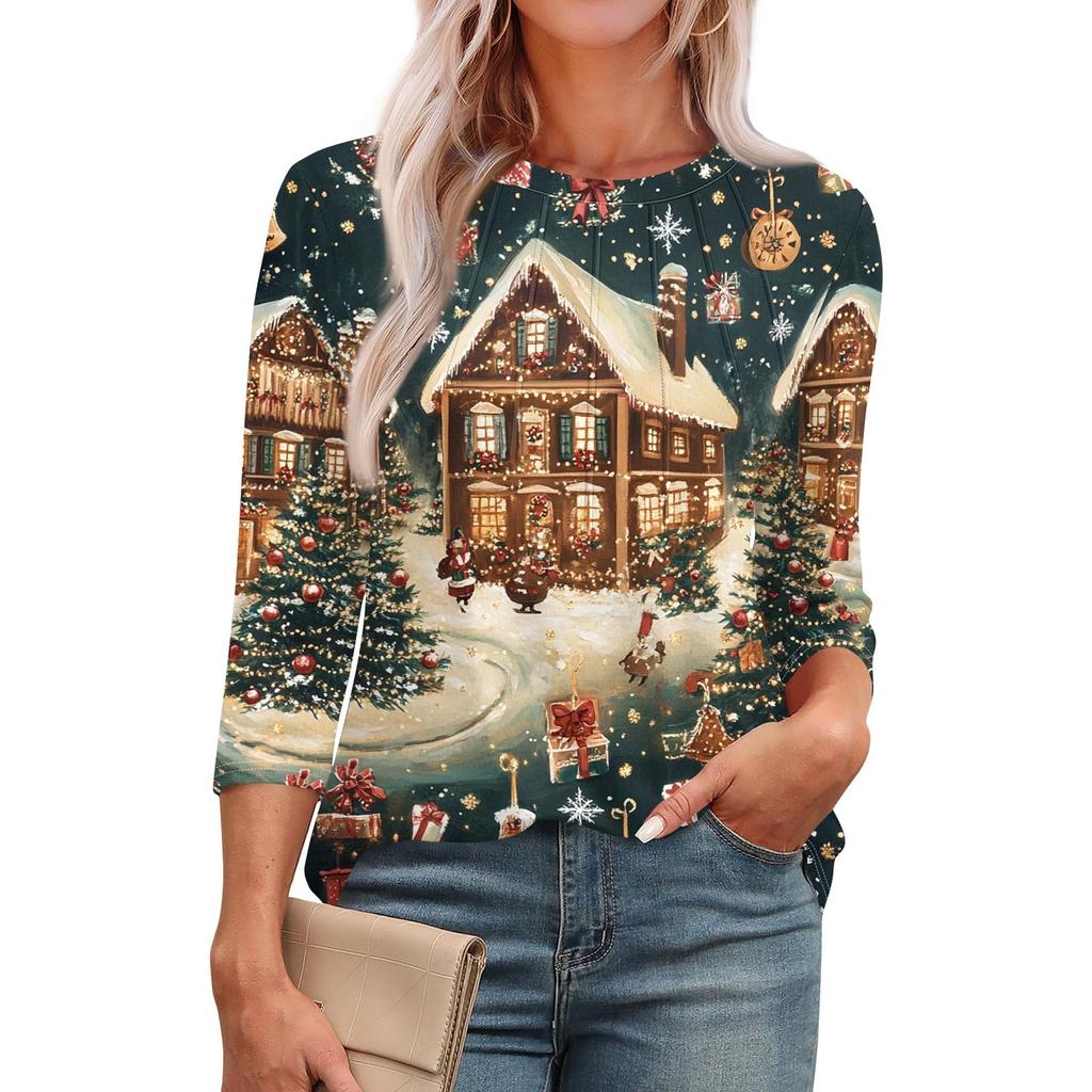 Женская модная повседневная футболка с круглым вырезом и рукавом семь четвертей в стиле ретро с принтом, плиссированная футболка