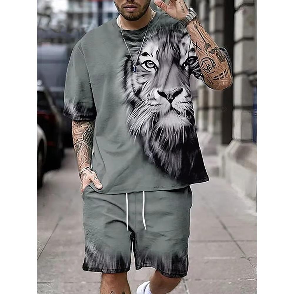 Fashion Lion King 3D Printed Men's Summer Animal Print Relaxed Fit Short Sleeve & Shorts 2-Piece Casual Sport Outfit Set