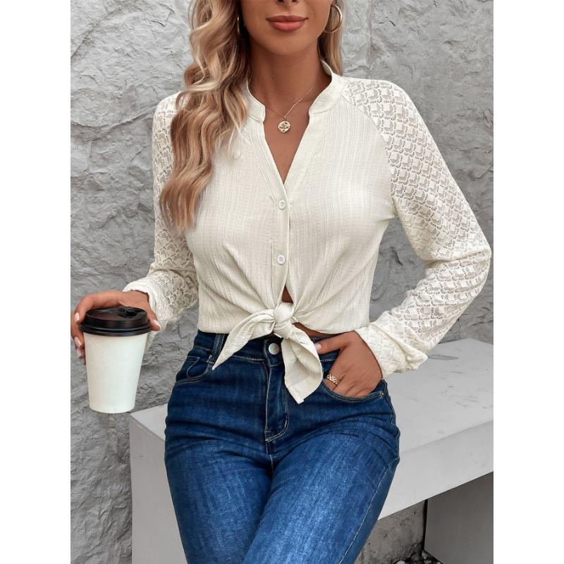 Women S V Neck Lace Long Sleeve Solid Color Casual Shirt