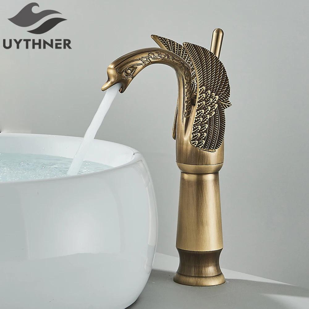 Uythner Luxury Swan Bath Basin Brass Faucet Cold and Hot Water Mixer Taps Black /Gold/Antique Bathroom Washbasin Crane