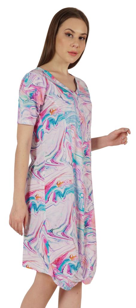 Moomaya Cotton Jersey Printed Midi Dress For Women V-Neck Summer Short Sleeves Knee Length