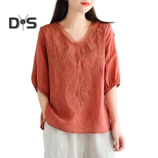 Women Summer Tops V-neck Half Sleeve Embroidery Pattern Pullover Tops Solid Color Loose Fit Commuting Style Tops