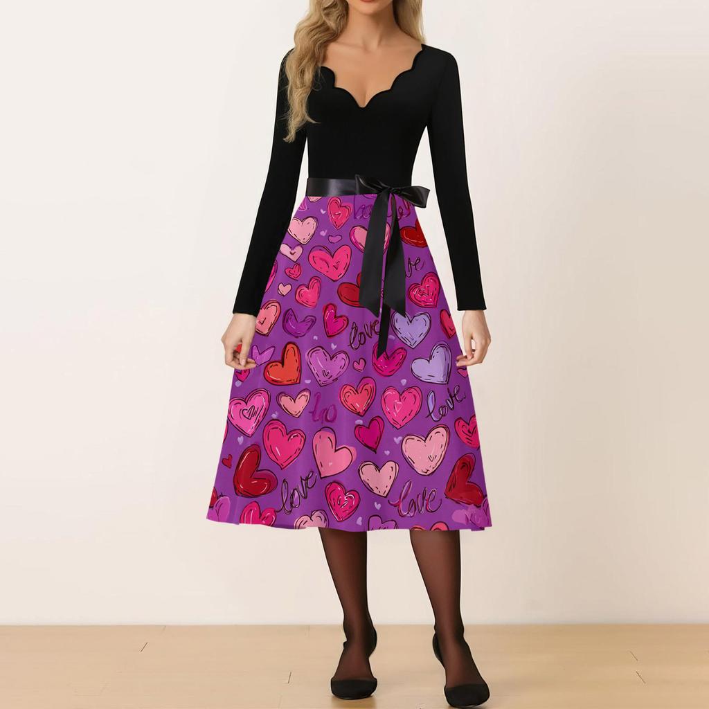 Женское повседневное модное платье с V-образным вырезом и принтом ко Дню святого Валентина в ретро-стиле