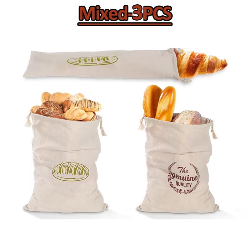 3 Styles Linen Bread Bags Reusable Drawstring Bag Homemade Artisan Bread Storage Food Bags Various Sets Bread Bags for Baguette