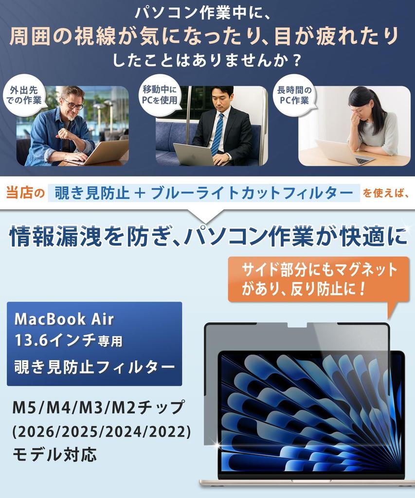 Lifeinnotech Защитная пленка от слежки для MacBook Air 13,6 дюйма 2026 M5/M4/M3/M2, Магнитная, Антибликовая, С защитой от синего света, Защита экрана