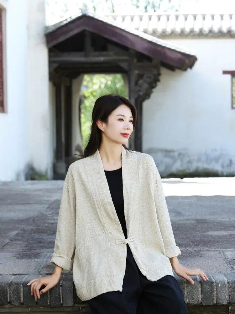 Johnature Осенняя женская винтажная однотонная рубашка с v-образным вырезом, свободные льняные рубашки с длинными рукавами