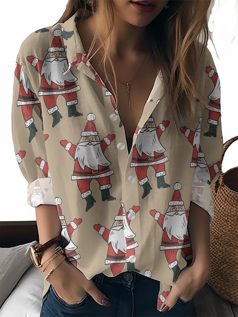 Gingerbread Man Printed Women's Shirt Christmas Elements New Loose Casual Short Sleeve Lapel Top