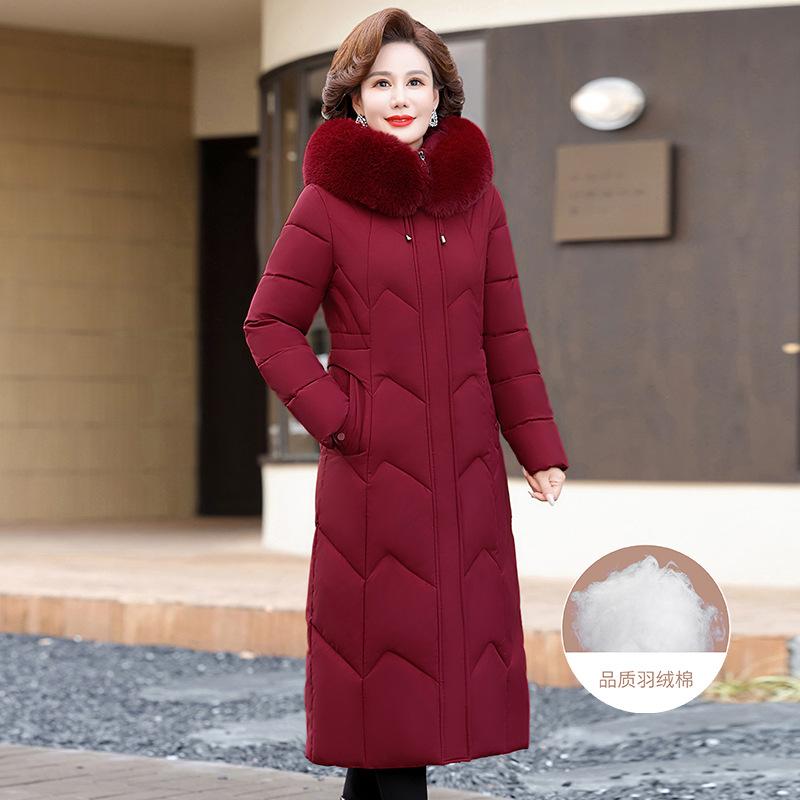 Down cotton clothes women's medium and long winter new thickened warm over the knee middle-aged and elderly mother fur collar jacket