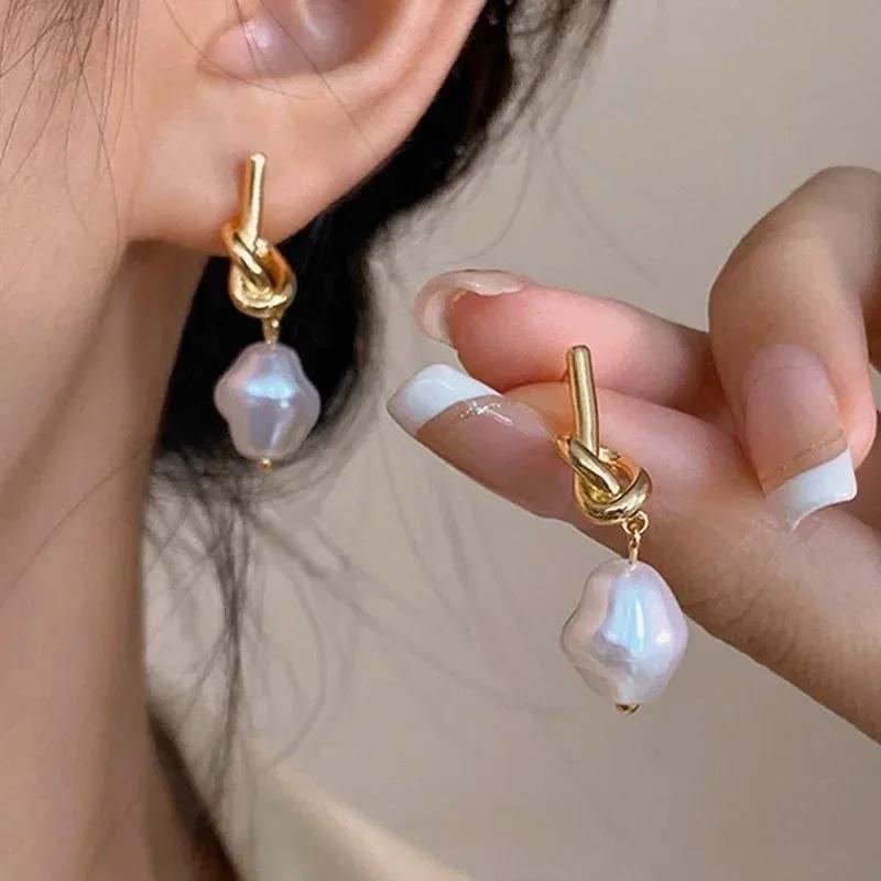 Elegant Gold Bean Spliced Flat Pearl Earrings for Women Jewelry Party Sweet Accessories Gift