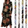 Women's Autumn And Winter Casual Fashion V-neck Long Sleeve  Print Long Dress