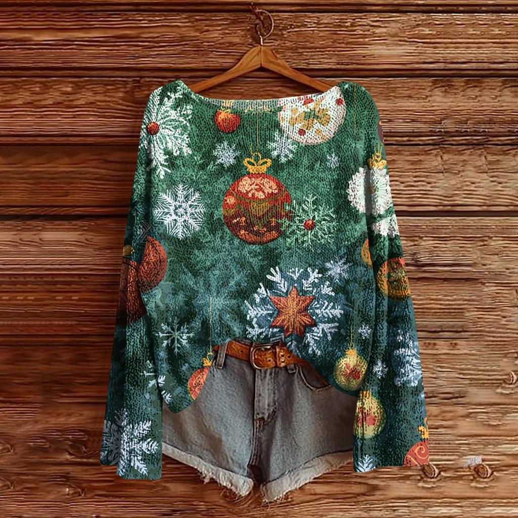 Women's Christmas Print Lightweight Sweater Casual Long Sleeve Knitted Pullover