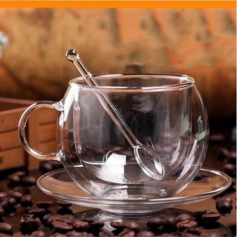 150/300ml Double Wall Glass Coffee Cup with Saucers and Spoon Heat Resistant Espresso Cups With Handle Mug Drinkware Milk Teacup