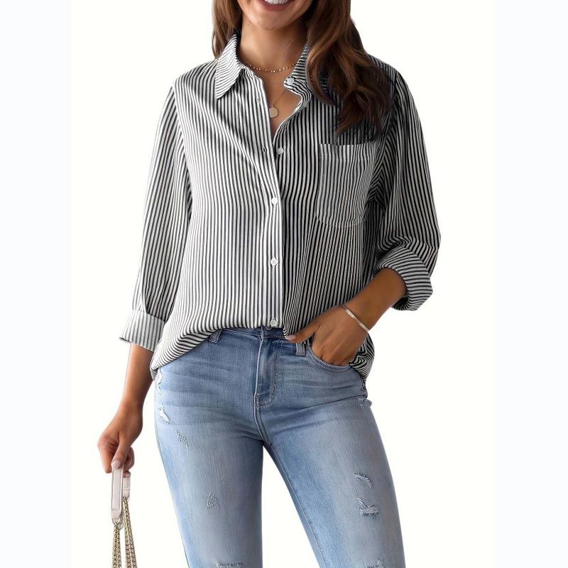Spring new women's fashion loose striped shirt casual breathable long-sleeve top