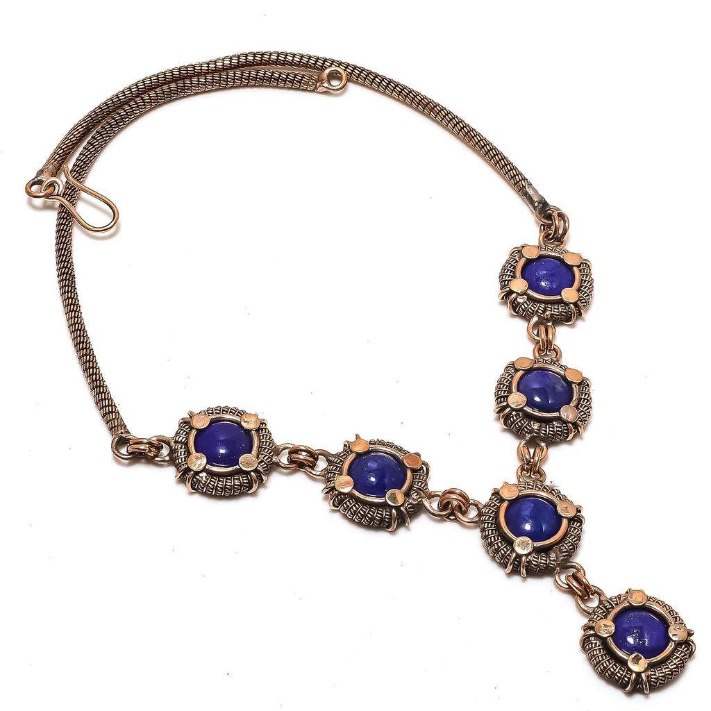 Ожерелье из синего сапфира, ожерелье с регулируемой цепочкой, обернутое медной проволокой 999 пробы. Подарок для женщин ожерелье ручной работы ювелирные изделия из драгоценных камней