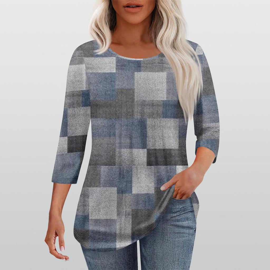 Рубашки с рукавом 3/4 для женщин, модные, повседневные, с круглым вырезом, с принтом, футболка, топ