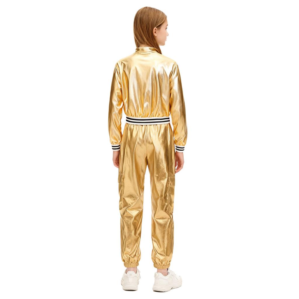 Девочки Металлический Танцевальный Костюм Куртка с Длинным Рукавом Стойка Воротник Детали на Молнии Хип-Хоп Джаз Выступление Брюки