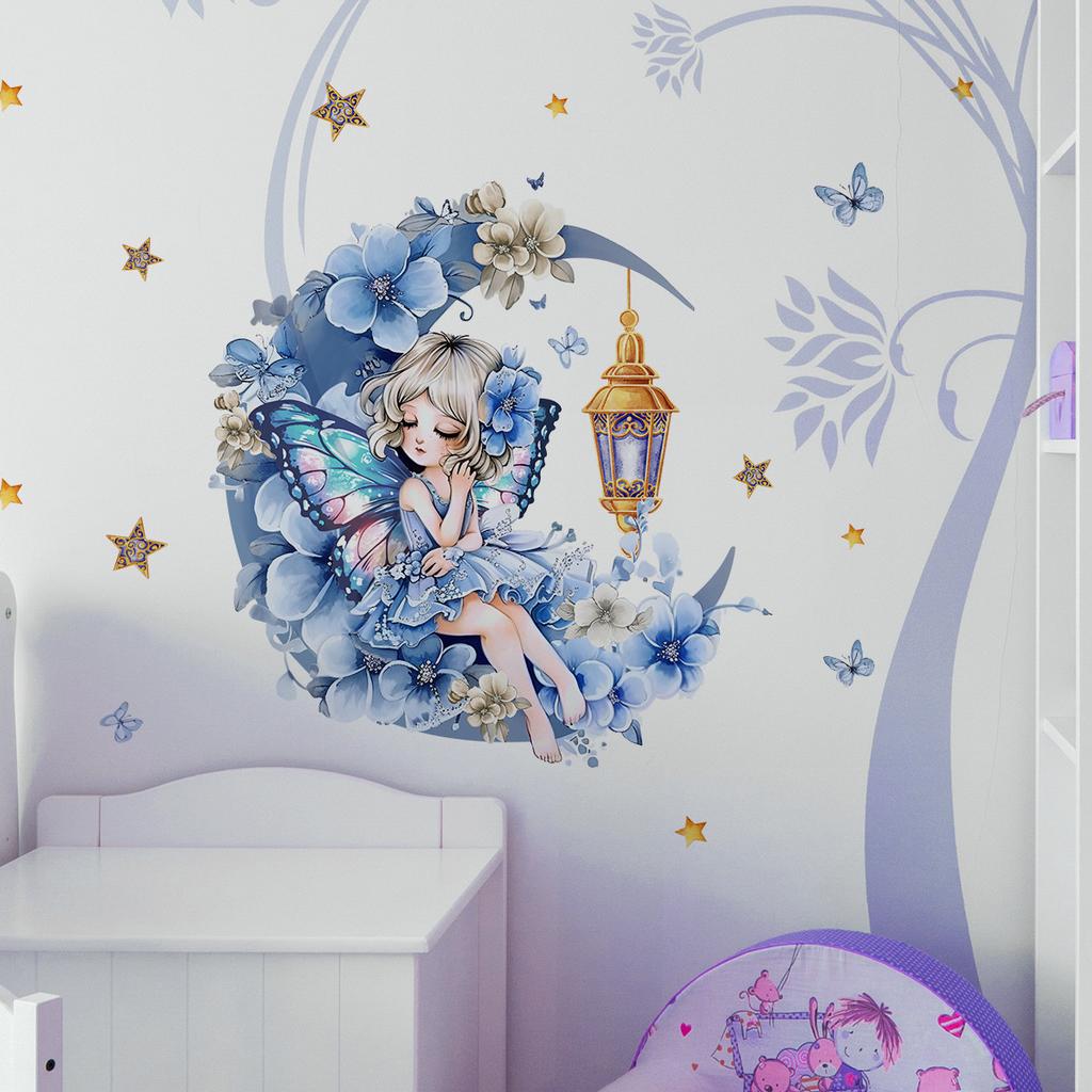Наклейки на стену Фея цветов Лунная бабочка для комнаты девочки, спальни, украшение дома, арт-наклейки