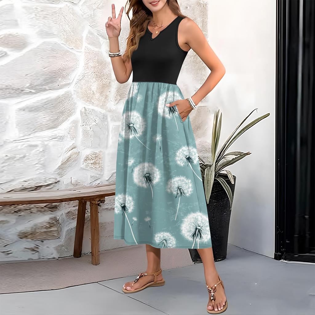 Женское платье без рукавов с цветочным принтом и высокой талией, модное и элегантное