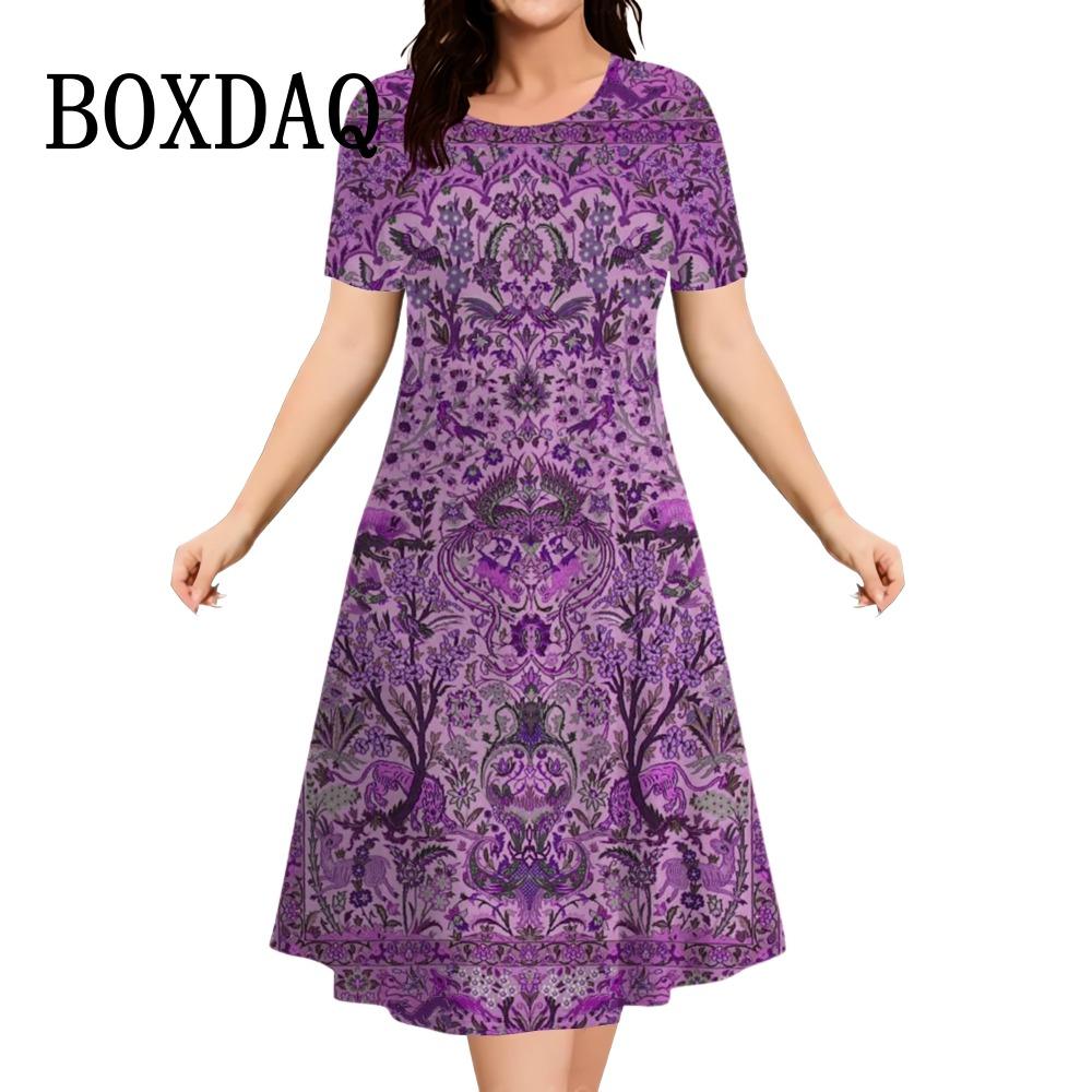 Платья для женщин Лето Этнический стиль Короткий рукав О-образный вырез Женское платье Модное платье с принтом Повседневная ретро свободная одежда больших размеров