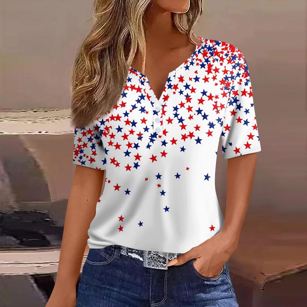 Жен. Футболка С принтом Пуговицы С короткими рукавами Повседневные Выходные Мода Классический V-образный вырез Обычный Верх