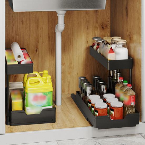 Kitchen Cabinet Pull-Out Storage Rack Under-Sink Organizer Large Capacity 2 Tier L-Shape Easy Installation