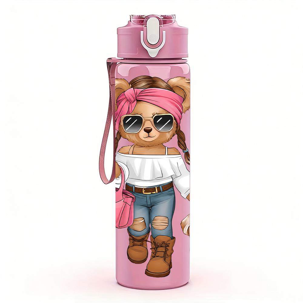 1PC Fashion Teddy Bear Puppy Cartoon 750ml Color Plastic Sports Water Bottle Leakproof Flip Straw Lid Suitable for Sports Office Home Use