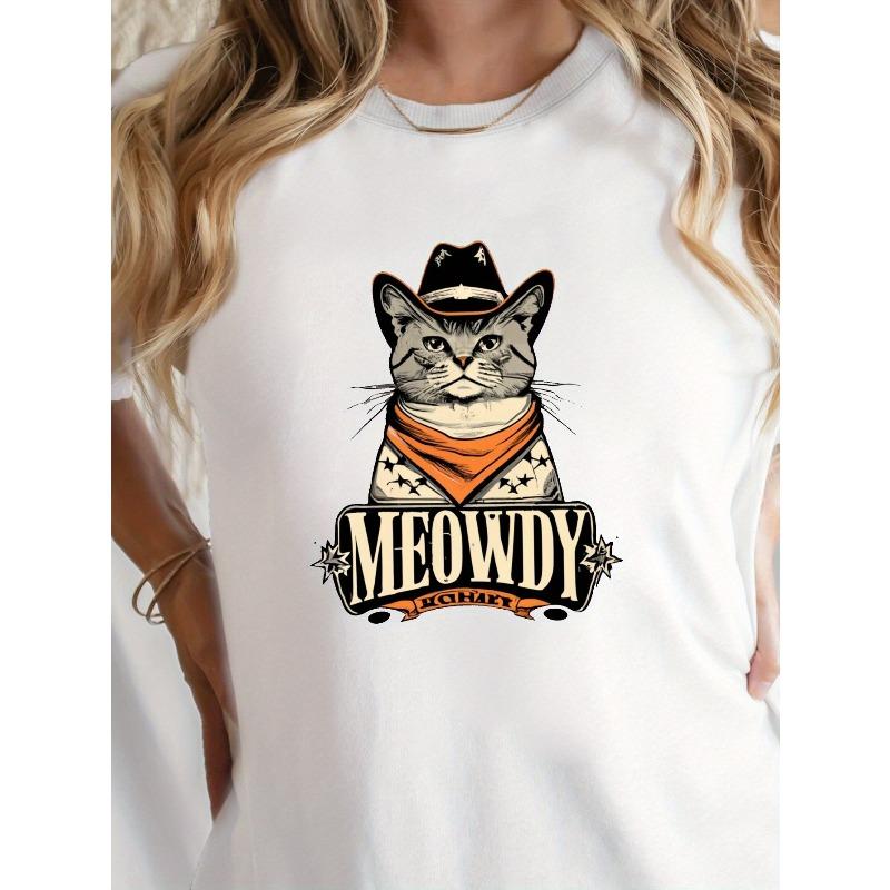 Ковбойский Кот MEOWDY G500L Женская футболка - Чистый комфорт, Свободный крой, Графическая футболка в стиле вестерн с изображением ковбоя и кота, с принтом MEOWDY, Круглый вырез, Повседневная