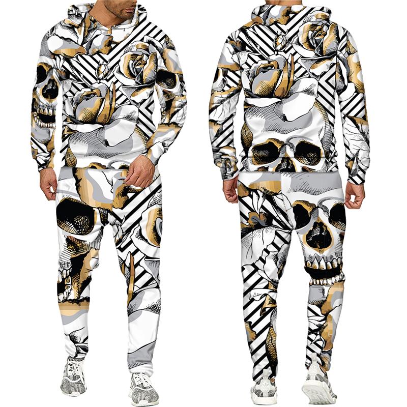 Новинка, спортивный костюм из 2 предметов с 3D принтом черепа и цветов, Мужская крутая толстовка с капюшоном + брюки, спортивный костюм унисекс, повседневная уличная одежда в стиле хип-хоп