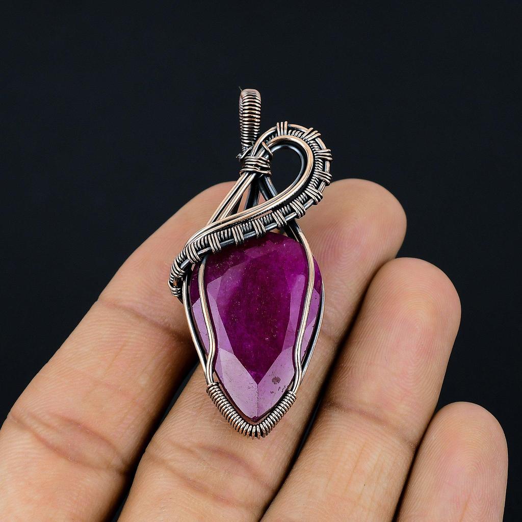 Рубиновый кулон Ювелирные изделия из драгоценных камней, Кулон ручной работы, обернутый медной проволокой 999 пробы, Ювелирные изделия новейшего дизайна