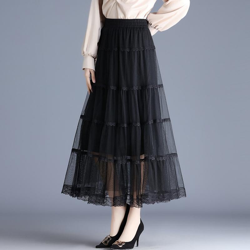Qooth Женская повседневная однотонная юбка из кружева и тюля, элегантная юбка А-силуэта из сетки-кейка на резинке для весны-лета QT2427