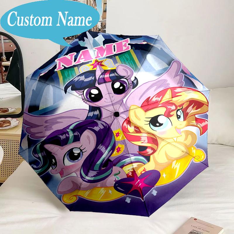 Custom Name Rainbow Pony Umbrella, 8-Rib Folding Umbrella, Lightweight Portable Design for Lovers, Friends, Perfect Gift for Birthdays