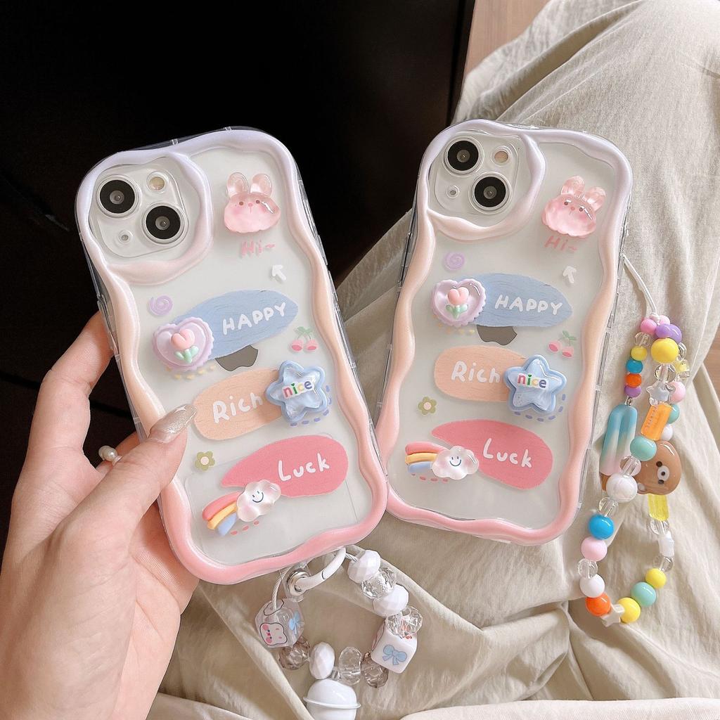 Cute Three-dimensional Bear and Rabbit Suitable for Apple 16 Transparent Mobile Phone Case IP14PRO Soft Shell Bell Pendant Bracelet