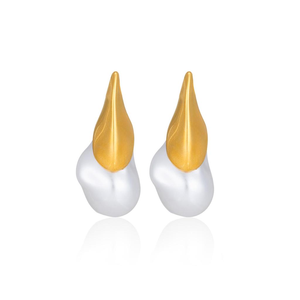 18K Gold-Plated Titanium Ethnic Patchwork Water Drop Earrings with Baroque Pearls