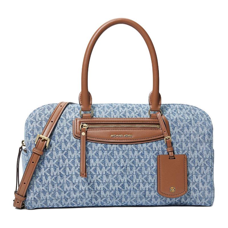 Michael Kors Джетсет Путешествия Фирменный Логотип Принт Деним Багаж Сумка Через Плечо Хлопок Сумка-шоппер Средняя Женская Синий