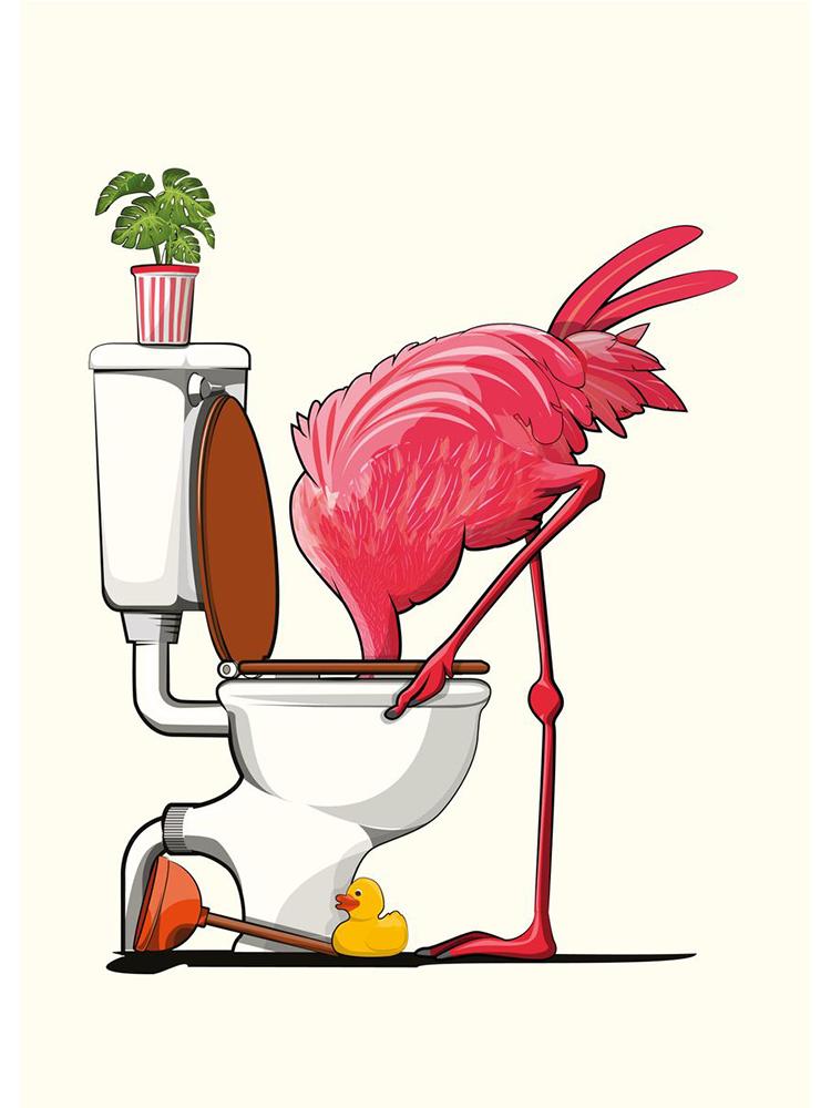 Забавный розовый фламинго с головой в туалете, постеры, холст, картина, скандинавское животное, настенная художественная картина для современной ванной комнаты, украшение для дома
