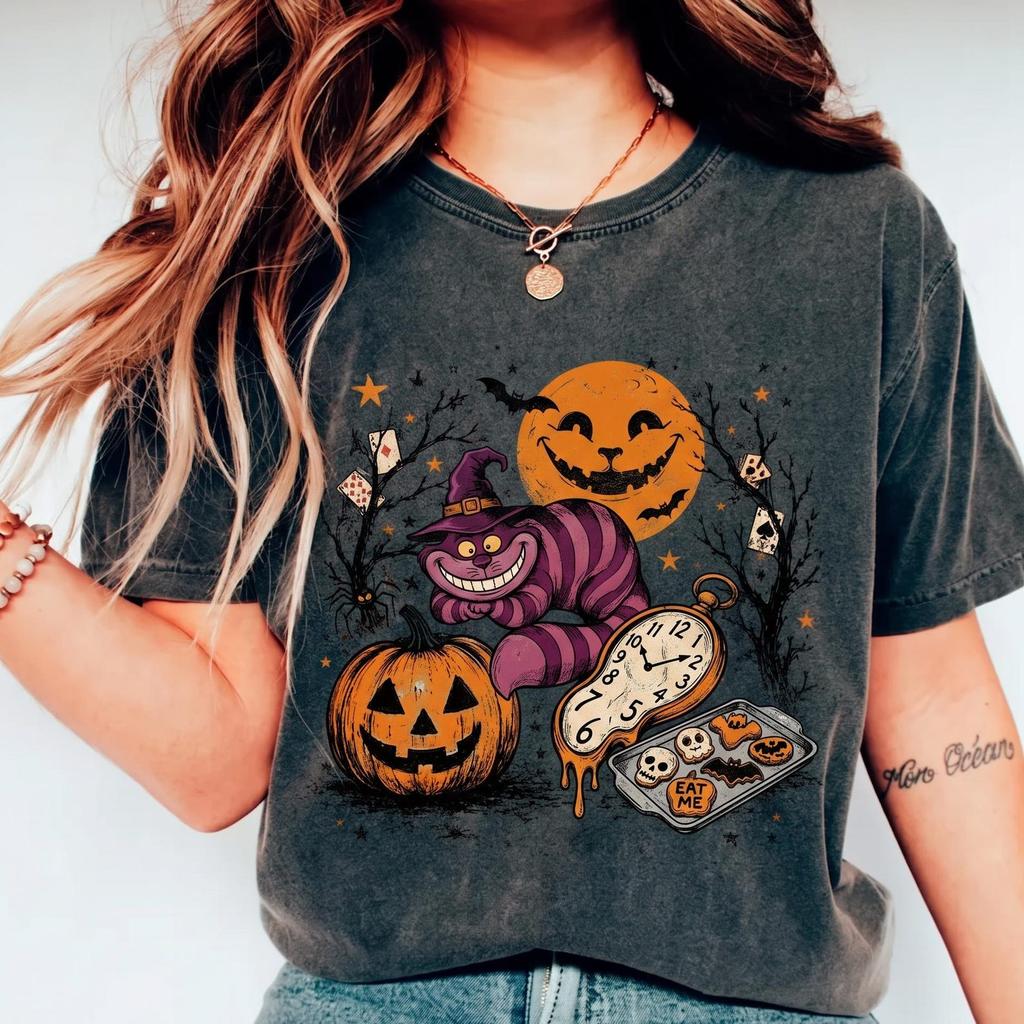 Eat Me Cheshire Cat Halloween Shirt, Retro Spooky Alice Comfort Colors Tee, Vintage Gothic Witch Pumpkin Tee for Women