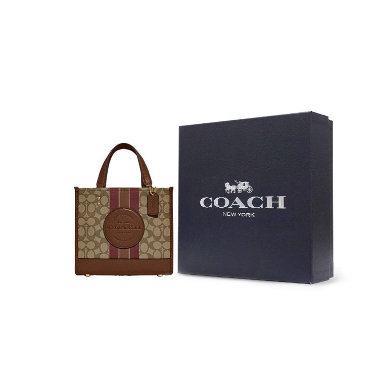 Coach Сумка-тоут Dempsey 22 с принтом полосок и логотипом из ткани и кожи Женские сумки-тоут Цвет слоновой кости-серый-коричневый C8417-IMVGB