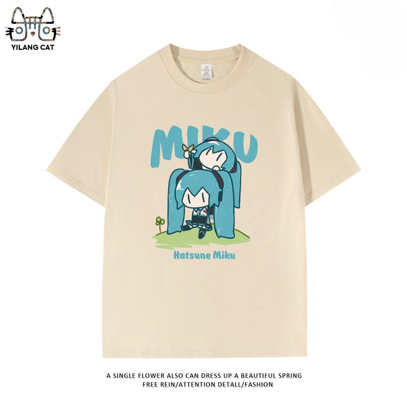 Футболка с вторичным паттерном Hatsune Miku, летняя, мужская и женская, высококачественная, 100% хлопок, повседневная, в стиле Харадзюку, свободная