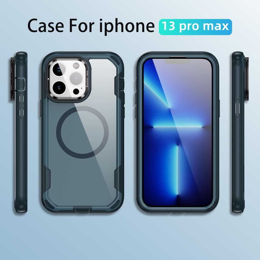 For iPhone 13 Pro Max Case Compatible with MagSafe Lens Frame Kickstand TPU+PC Shockproof Phone Cover