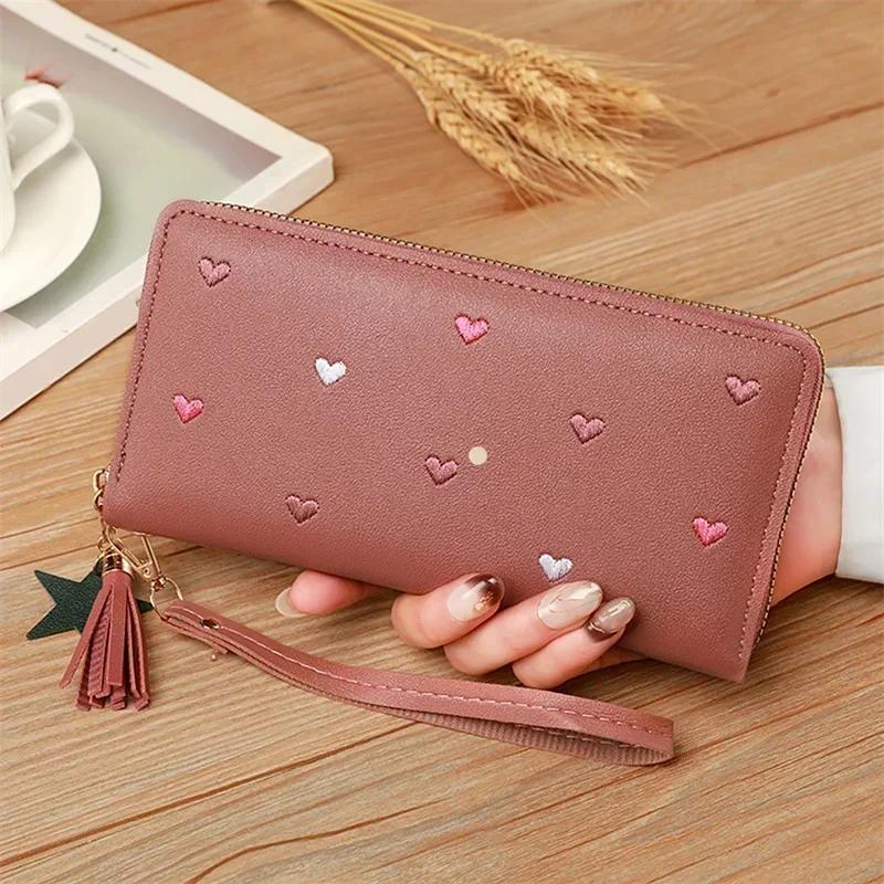 New Long Short Wallet Women's Fashion Credit Card Bag Purse Zipper Handbag Embroidered Heart Mobile Phone Money Coin Bag Case