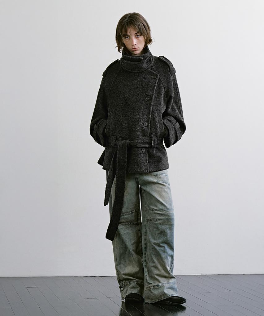 TREEMINGBIRD High-Neck Convertible Belted Half Coat [ Charcoal ]