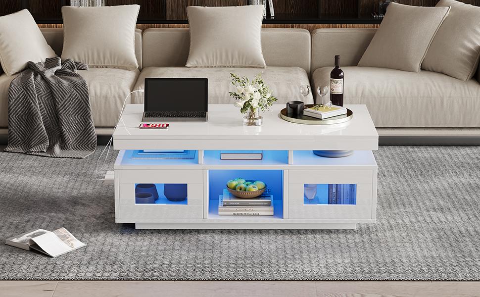 100x50x43cm white high-gloss coffee table, with LED lights controllable via mobile app, cabinet, charging port and socket, suitable for office, study