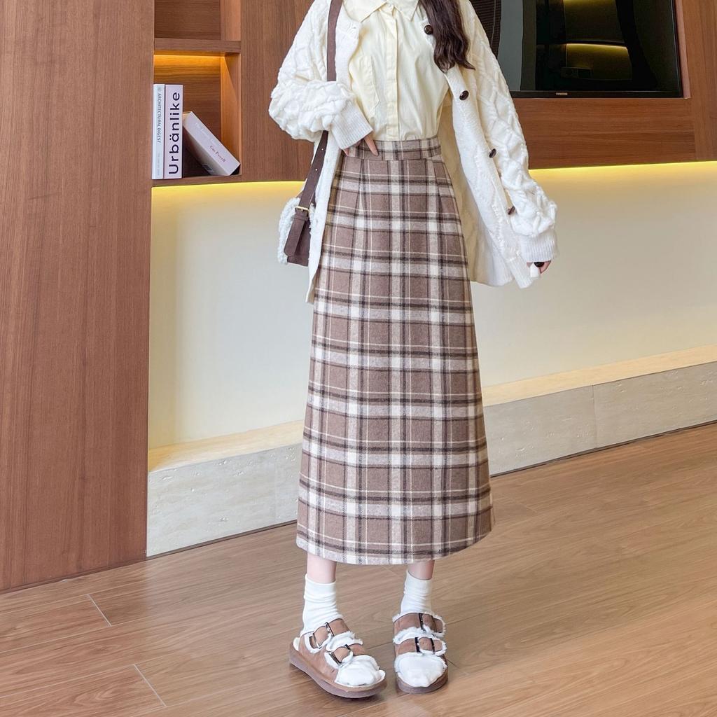 Woolen Skirt Autumn and Winter Retro New Style for Women with High Waist Slimming A-line Plaid Hip-pack Skirt