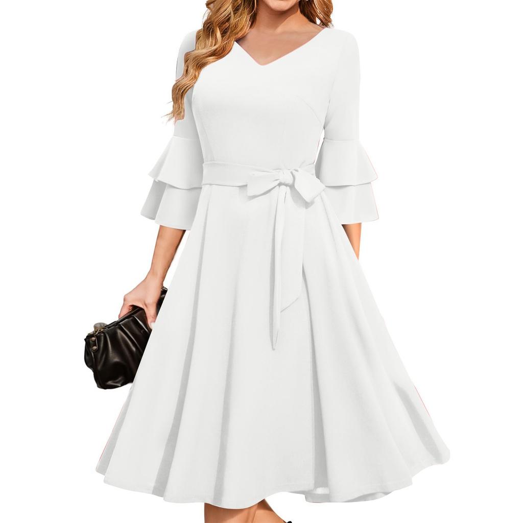 Women's Elegant Bell Sleeve Cocktail Party Dresses For Wedding Guest Fit And Flare Church Midi Evening Dress