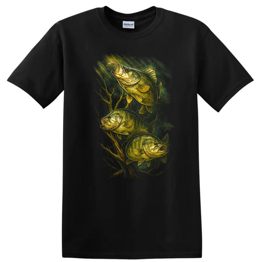 Fishing Bass T Shirt Graphic Art of Three Fish Catching Bait Tee