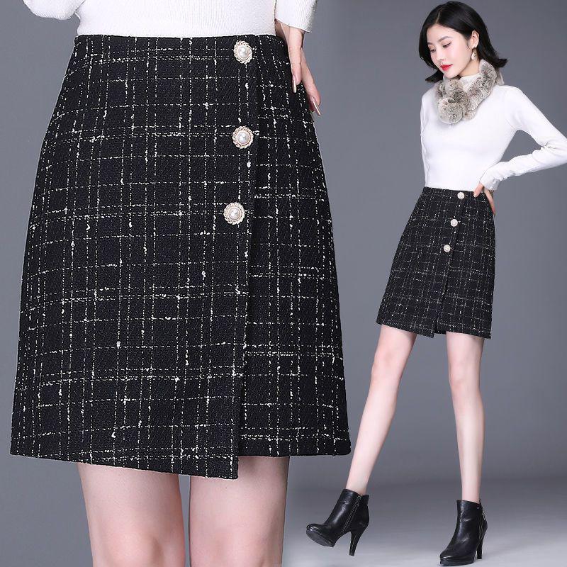 2025 Юбка А-силуэта из твида в клетку с высокой талией в корейском стиле для женщин - Осенне-зимняя короткая приталенная юбка