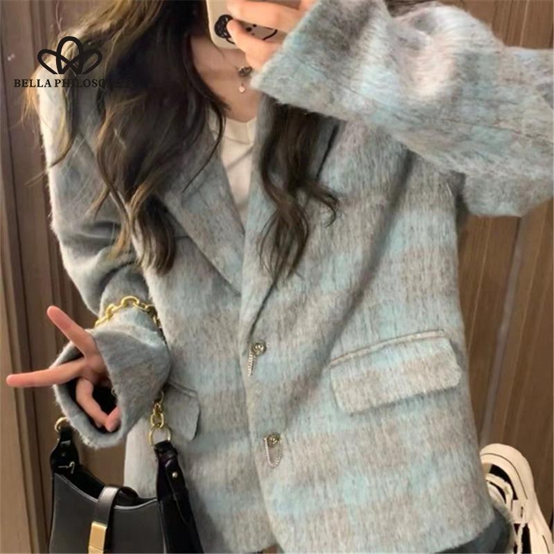 Autumn Winter New Vintage Plaid Woolen Coat Korean Style Casual Design Advanced Sense Loose Suit Woolen Coat